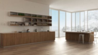 Arka plan dekorasyon, minimalist beyaz mutfak dolaplar, raflar ve ada, açık alan panoramik pencereli, çağdaş mimarisi ile bulanıklık