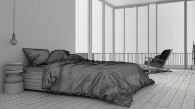 Tamamlanmamış proje taslak, büyük panoramik pencere, halı ve koltuk, otel, spa, resort suite, çağdaş iç tasarım mimari ile minimalist yatak odası