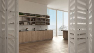 Katlanır Kapı açılış minimalist mutfak dolapları ve ada ile üzerine beyaz, açık alan panoramik pencereli, tasarımcı kavramı mimar, arka plan bulanıklık