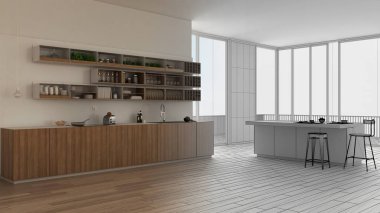 Tamamlanmamış proje taslak, minimalist beyaz mutfak dolaplar, raflar ve ada, açık alan panoramik pencereli, çağdaş iç tasarım mimarlık