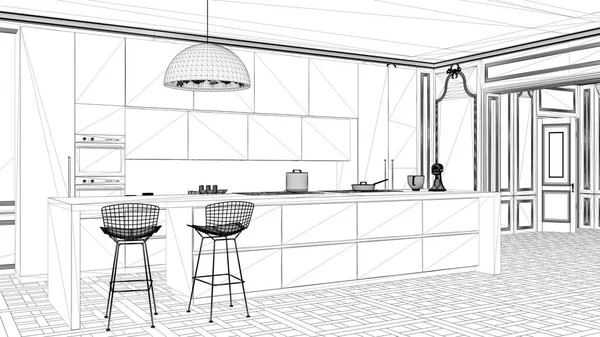 Einrichtungsprojekt Schwarz Weiß Tuschskizze Architekturentwurf Mit Moderner Küche Klassischer Wohnung — Stockfoto