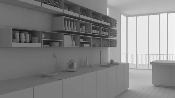 Proyecto Blanco Total Moderna Cocina Blanca Minimalista Contemporánea Con Armarios —  Fotos de Stock