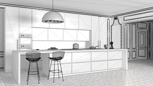 Projet Inachevé Cuisine Moderne Dans Appartement Classique Armoires Îlot Avec — Photo