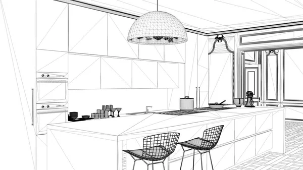 Εσωτερικό Πρόγραμμα Σχεδίου Μαύρο Και Λευκό Μελάνι Σκίτσο Αρχιτεκτονική Σχεδιάγραμμα — Φωτογραφία Αρχείου