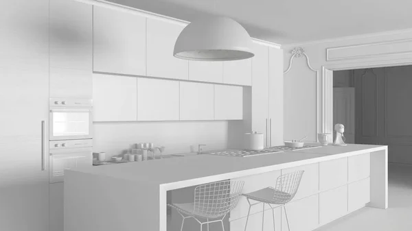 Progetto Total White Cucina Moderna Appartamento Classico Armadi Isola Con — Foto Stock