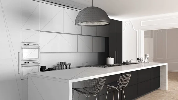 Proyek Draft Yang Belum Selesai Modern Dapur Apartemen Klasik Lemari — Stok Foto
