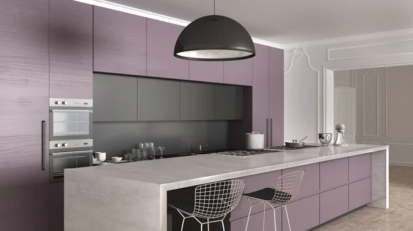 Cocina Minimalista Moderna Madera Violeta Oscura Con Isla Electrodomésticos Lámpara — Foto de Stock
