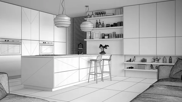 Unfinished project draft of modern kitchen with shelves and cabinets, island with stools. Contemporary living room, minimalist architecture interior design