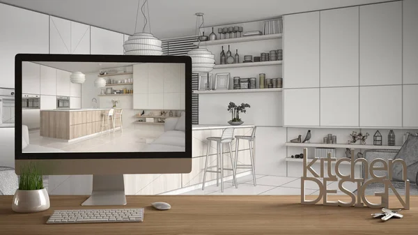 建築家デザイナー プロジェクトのコンセプトは 家の鍵 文字言葉キッチン デザイン案 白いインテリア デザインの総白いスケッチを示すデスクトップと木製のテーブル — ストック写真