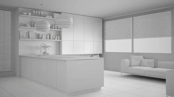 Progetto Total White Cucina Moderna Con Ripiani Armadi Divano Finestra — Foto Stock