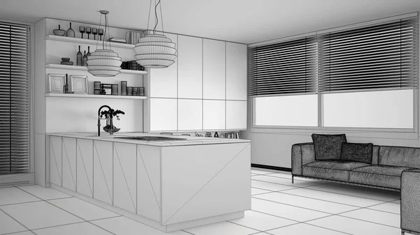 没有完成的项目草案的现代厨房与货架和橱柜 沙发和全景窗口 现代客厅 简约的建筑室内设计 — 图库照片