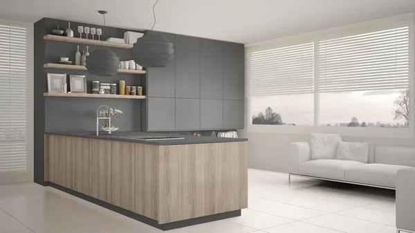 Modern gray and wooden kitchen with shelves and cabinets, sofa and panoramic window. Contemporary living room, minimalist architecture interior design