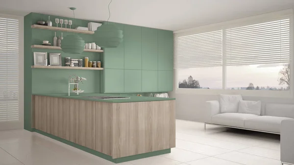 Moderní Zelené Dřevěné Kuchyně Regály Skříně Pohovka Panoramatické Okno Moderní — Stock fotografie