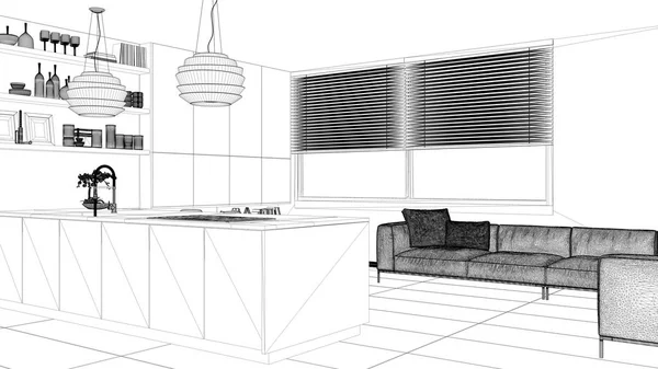 室内设计项目 黑白墨水素描 建筑蓝图显示现代厨房与货架和橱柜 沙发和全景窗口 现代客厅 — 图库照片