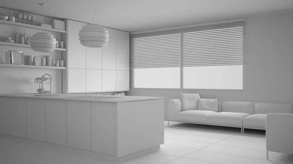 Total White Project Modern Kitchen Shelves Cabinets Sofa Panoramic Window — Stock Photo, Image