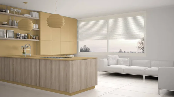 キャビネット ソファ パノラマ ビューの窓とモダンな黄色と木製キッチン 現代的なリビング ルーム ミニマルな建築インテリア デザイン — ストック写真