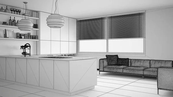 Unfinished project draft of modern kitchen with shelves and cabinets, sofa and panoramic window. Contemporary living room, minimalist architecture interior design