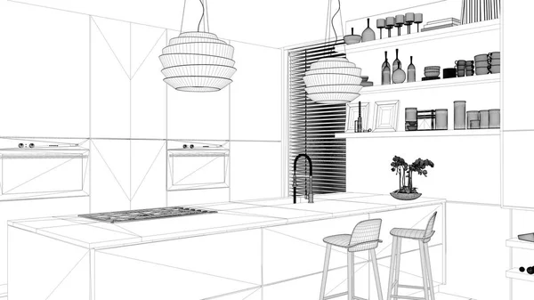 Einrichtungsprojekt Schwarz Weiß Tuschskizze Architekturentwurf Mit Moderner Küche Mit Regalen — Stockfoto