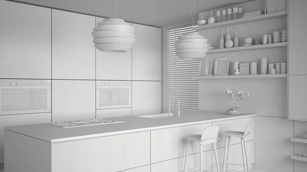 Progetto Total White Cucina Moderna Con Ripiani Armadi Isola Con — Foto Stock