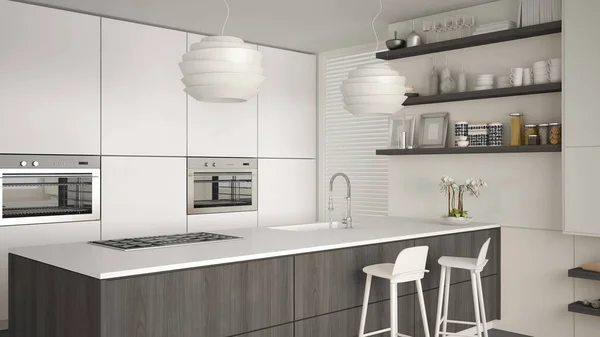 Moderne Weiße Graue Und Hölzerne Küche Mit Regalen Und Schränken — Stockfoto