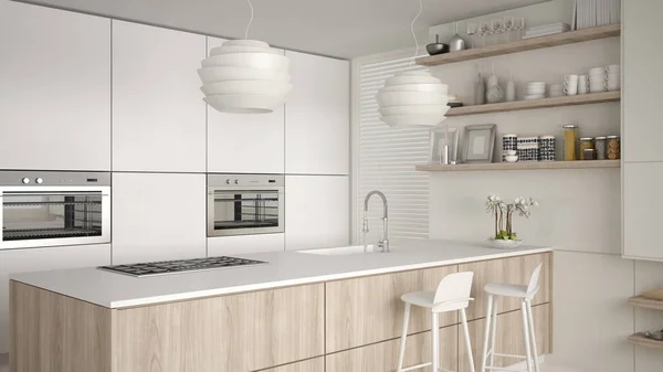 Moderne Witte Houten Keuken Met Planken Kasten Eiland Met Krukken — Stockfoto