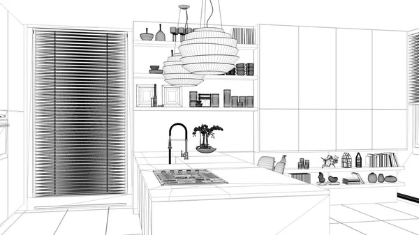 室内设计项目 黑白墨水素描 建筑蓝图显示现代厨房与货架和橱柜 岛与燃气灶和水槽 现代客厅 — 图库照片