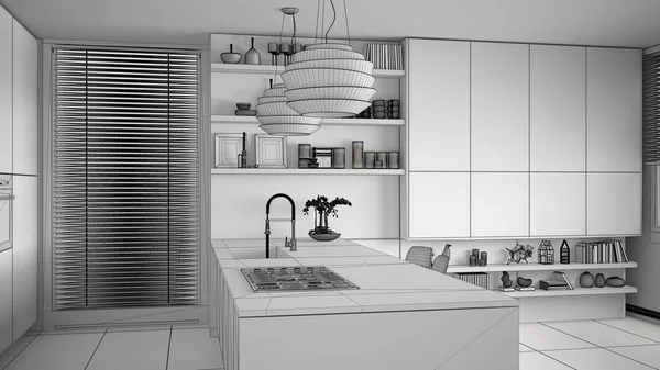Unfinished project draft of modern kitchen with shelves and cabinets, island with gas stove and sink. Contemporary living room, minimalist architecture interior design