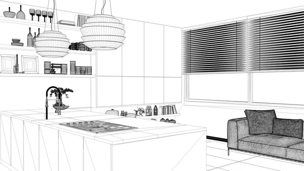 室内设计项目 黑白墨水素描 建筑蓝图显示现代厨房与货架和橱柜 沙发和全景窗口 现代客厅 — 图库照片