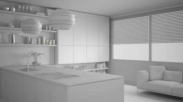 Progetto Total White Cucina Moderna Con Ripiani Armadi Divano Finestra — Foto Stock