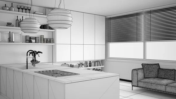 Proyek Draft Yang Belum Selesai Dari Dapur Modern Dengan Rak — Stok Foto