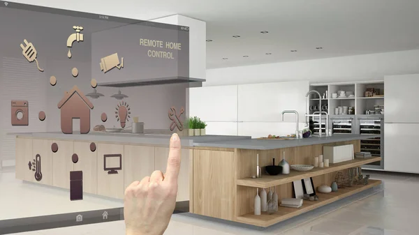 スマート ホーム コントロールの概念 モバイル アプリ バック グラウンド表示プロ モダンな木製キッチン アクセサリー 建築インテリア — ストック写真