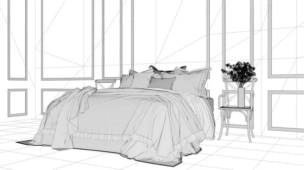 室内设计项目 黑白墨水素描 建筑蓝图显示复古经典卧室与柔软的床充满枕头和毯子 现代建筑 — 图库照片