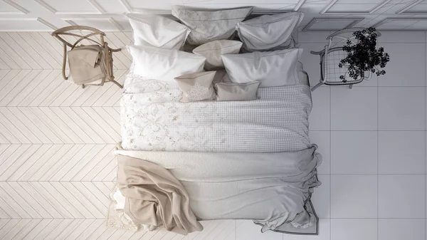 Незавершенный Проект Проекта Проект Старинной Классической Спальни Мягкой Кроватью Полной — стоковое фото