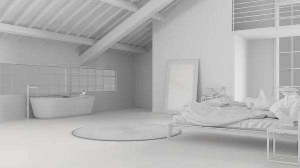 Projeto Branco Total Loft Espaço Aberto Com Quarto Banheiro Com — Fotografia de Stock