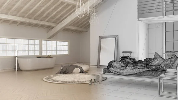 未完成的项目草案的斯堪的纳维亚阁楼开放空间与卧室和浴室与浴缸 镶木地板和全景窗户 简约的建筑室内设计 — 图库照片