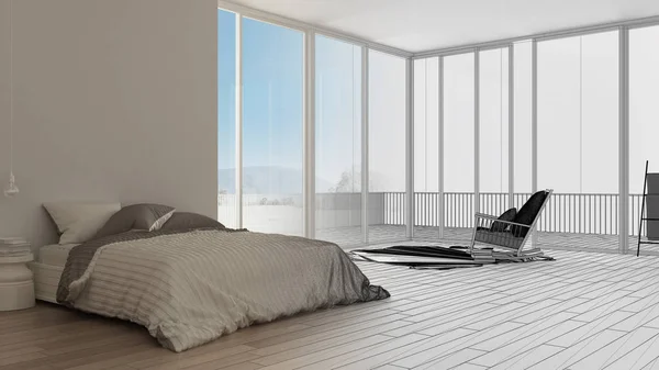 Befejezetlen Projekt Tervezetét Minimalista Hálószoba Nagy Panoráma Ablakkal Szőnyeg Fotel — Stock Fotó