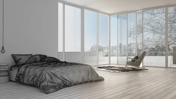 Niedokończony Projekt Projektu Minimalistycznym Sypialnia Duże Panoramiczne Okna Dywan Fotel — Zdjęcie stockowe