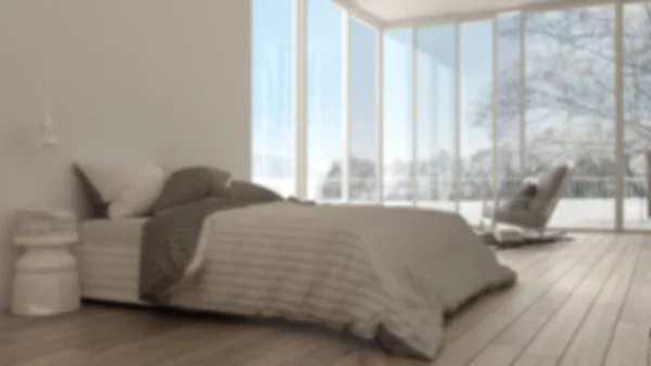 Vervagen Achtergrond Interieur Minimalistische Slaapkamer Met Groot Panoramisch Raam Tapijt — Stockfoto