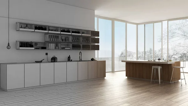 Unfinished project draft, minimalist white kitchen with cabinets, shelves and island, open space with panoramic window, contemporary interior design architecture