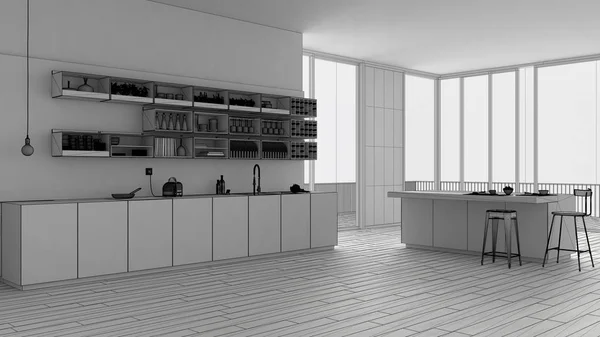未完のプロジェクト案 キャビネット 島とシンプルな白いキッチン オープン スペース パノラマ ウィンドウで 現代的なインテリア デザイン建築 — ストック写真
