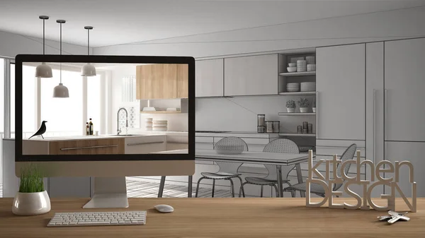 建築家デザイナー プロジェクトの概念 家の鍵 文字キッチン デザイン案を示すデスクトップと木製のテーブル設計 Cad 白いインテリアのスケッチ — ストック写真
