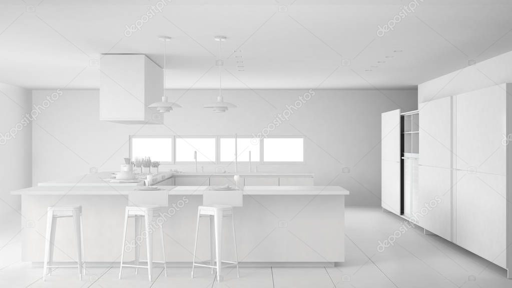 Total white project of minimalistic professional modern kitchen with accessories, contemporary interior design