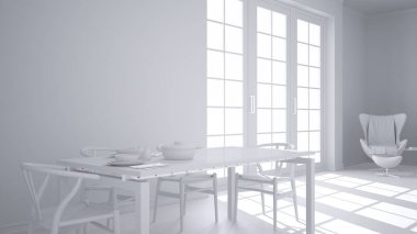Toplam beyaz proje klasik mutfak, yemek masası, sandalye, büyük panoramik pencere, minimalist modern iç mekan tasarımları ile iki kişilik koydu