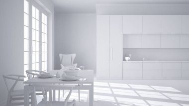 Toplam beyaz proje klasik mutfak, yemek masası, sandalye, büyük panoramik pencere, minimalist modern iç mekan tasarımları ile iki kişilik koydu