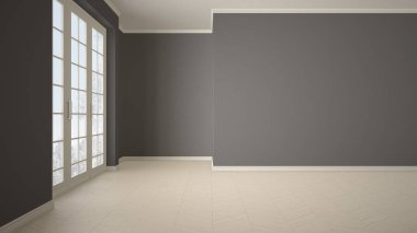 Boş oda iç tasarım, açık alan kar ve ağaçlar, parke balıksırtı ahşap zemin, beyaz ve gri, modern çağdaş mimari ile kış çayır üzerinde büyük panoramik pencereli