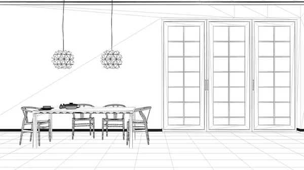インテリア デザイン プロジェクト 黒と白インク スケッチ ペンダン トランプ つの現代建築にダイニング テーブルが配置されて古典的な台所を示すアーキテクチャ ブルー — ストック写真