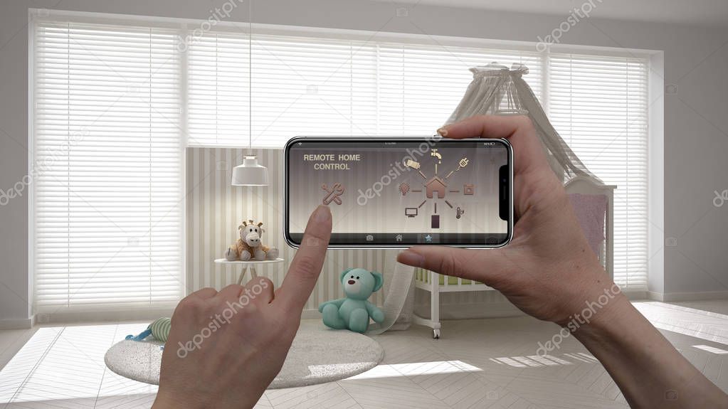 Remote home control system on a digital smart phone tablet. Device with app icons. Interior of modern colored child bedroom in the background, architecture design