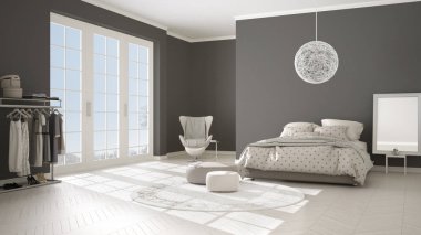 Konforlu modern gri ve bej yatak odası ahşap parke zemin, kış manzara, halı, koltuk ve yatak battaniye ve yastıklar, en az iç tasarımı ile panoramik pencere ile