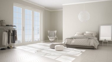 Konforlu modern bej ve beyaz yatak odası ahşap parke zemin, kış manzara, halı, koltuk ve yatak battaniye ve yastıklar, en az iç tasarımı ile panoramik pencere ile