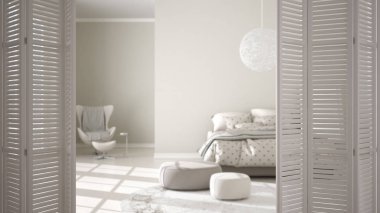 Beyaz katlanır kapı açılması ile parke zemin ve panoramik pencere, iç tasarım, mimar tasarımcı kavramı, modern konforlu yatak odası arka plan bulanıklık